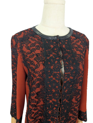 Wine Red Knee Length Thin Dinner Jacket With Black Lace Details