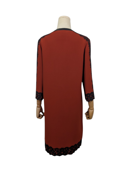 Wine Red Knee Length Thin Dinner Jacket With Black Lace Details