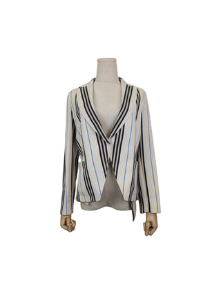 Beige Wool Thin Blazer With Blue And Black/Khaki Stripes