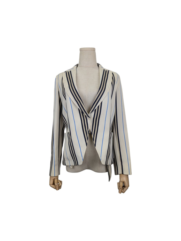 Beige Wool Thin Blazer With Blue And Black/Khaki Stripes