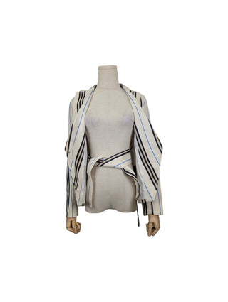 Beige Wool Thin Blazer With Blue And Black/Khaki Stripes