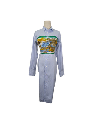 Blue Striped Shirt Dress With Colorful Silk Chest Wrap