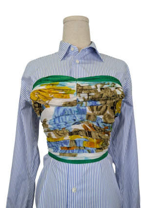 Blue Striped Shirt Dress With Colorful Silk Chest Wrap