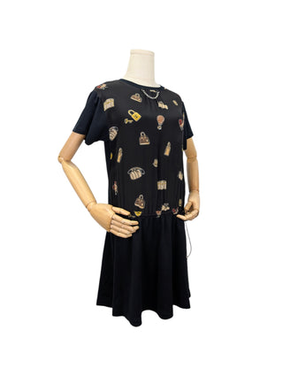 Black Silk And Cotton Dress With Iconic Neck Chain And Logo Graphics