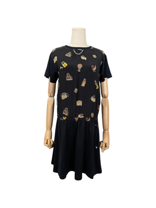 Black Silk And Cotton Dress With Iconic Neck Chain And Logo Graphics