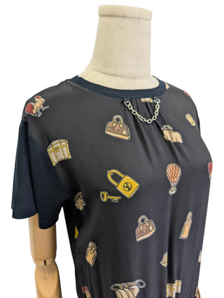 Black Silk And Cotton Dress With Iconic Neck Chain And Logo Graphics