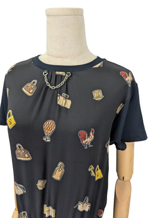 Black Silk And Cotton Dress With Iconic Neck Chain And Logo Graphics