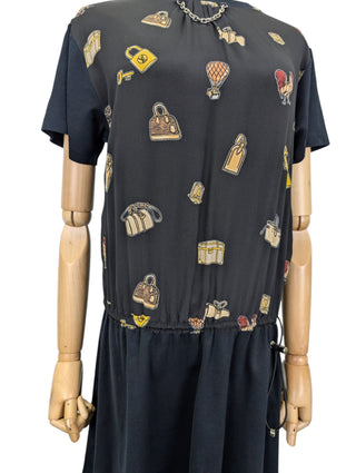 Black Silk And Cotton Dress With Iconic Neck Chain And Logo Graphics