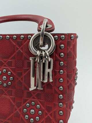Red Mini Embossed Calfskin Studded Lady Dior
