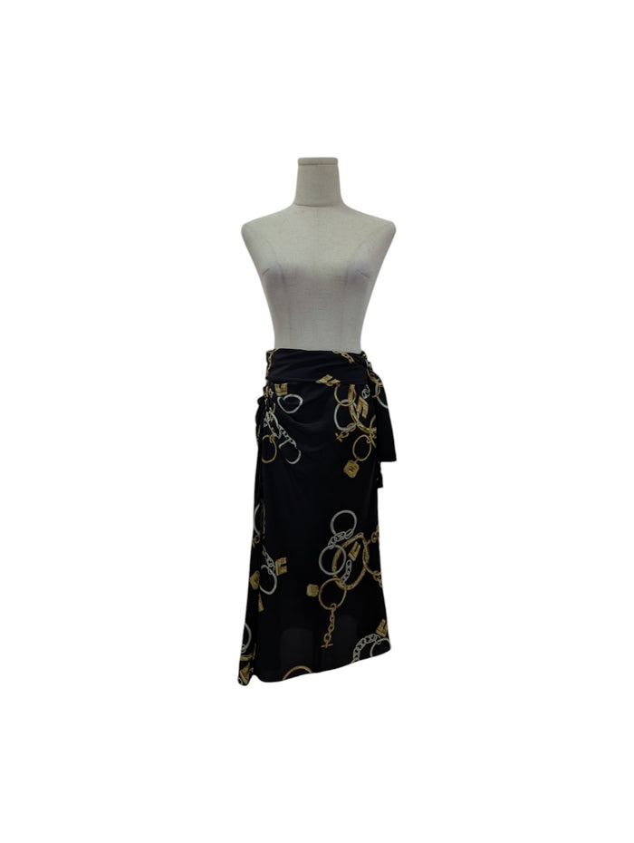 Black Silk Over The Knee Skirt With Signature Celine Chain Graphics