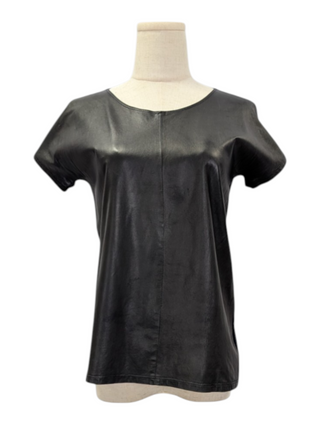 Black Faux Leather Front And Logo On Cotton Back T-Shirt