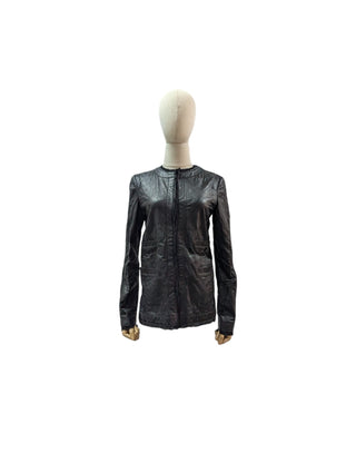 Black Quilted Leather Jacket With Raw Lace Trimmings