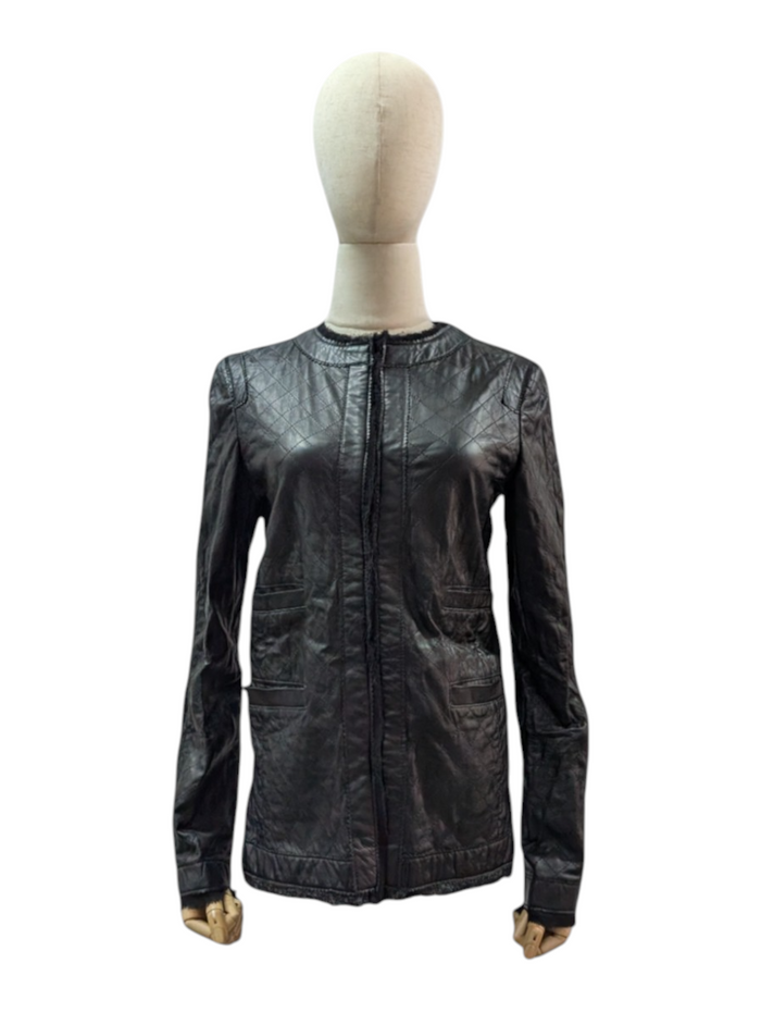 Black Quilted Leather Jacket With Raw Lace Trimmings