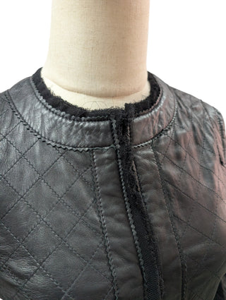 Black Quilted Leather Jacket With Raw Lace Trimmings