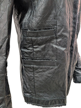 Black Quilted Leather Jacket With Raw Lace Trimmings