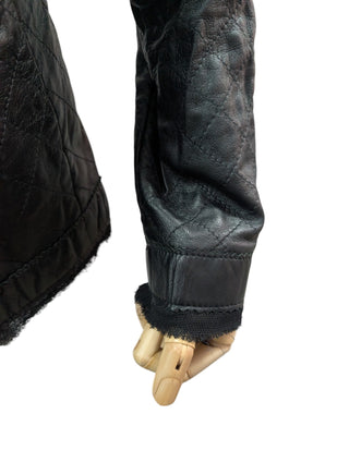 Black Quilted Leather Jacket With Raw Lace Trimmings