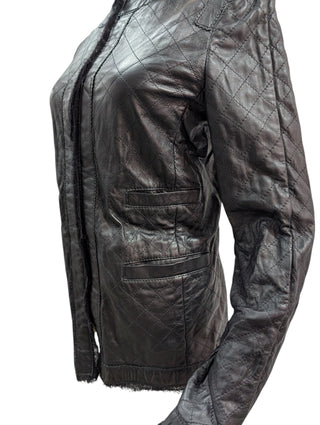 Black Quilted Leather Jacket With Raw Lace Trimmings