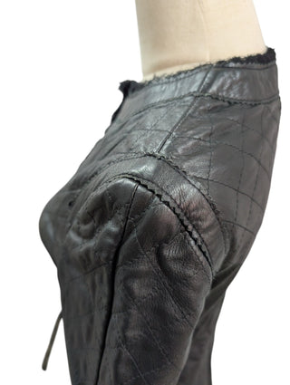 Black Quilted Leather Jacket With Raw Lace Trimmings