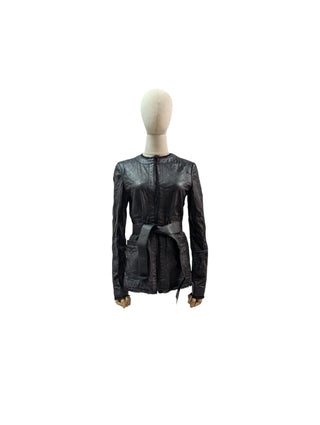 Black Quilted Leather Jacket With Raw Lace Trimmings
