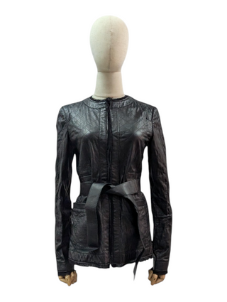 Black Quilted Leather Jacket With Raw Lace Trimmings