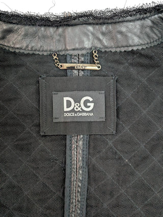 Black Quilted Leather Jacket With Raw Lace Trimmings