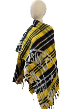 Yellow Tartan Cape With Half-Zip Fringe Hem