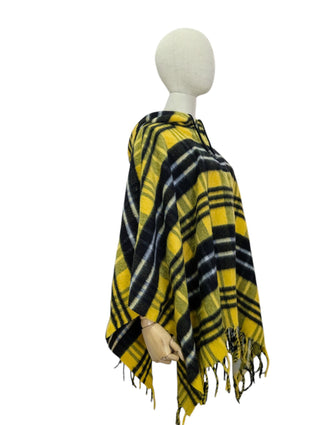 Yellow Tartan Cape With Half-Zip Fringe Hem