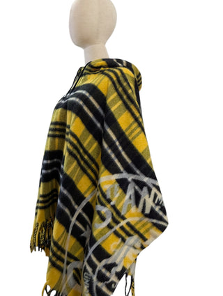 Yellow Tartan Cape With Half-Zip Fringe Hem