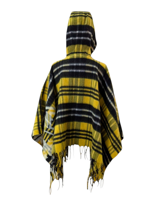 Yellow Tartan Cape With Half-Zip Fringe Hem