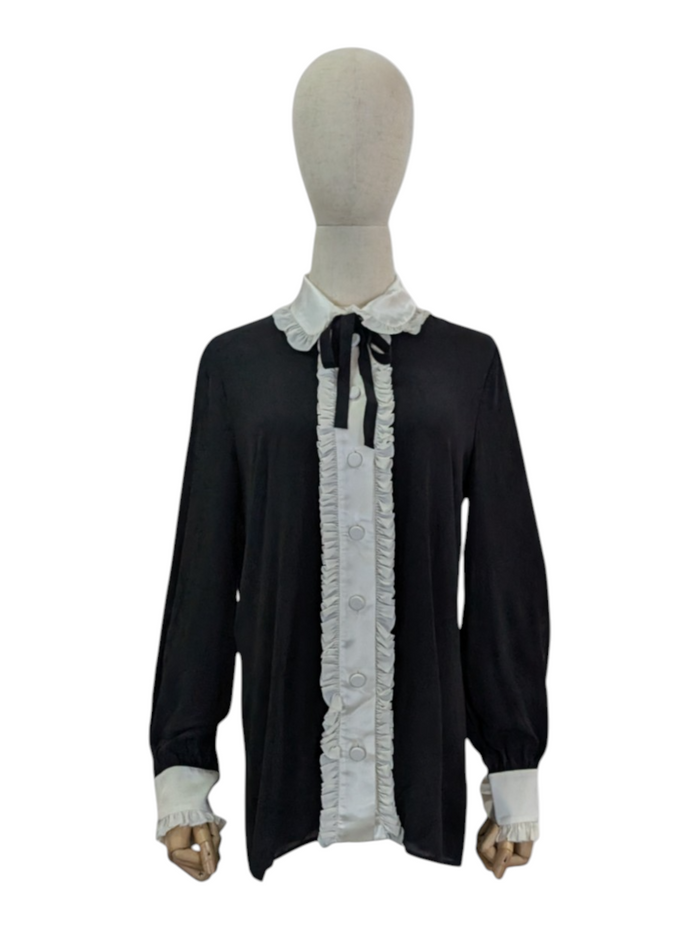 Black Silk Blouse With Whitefrill Trim