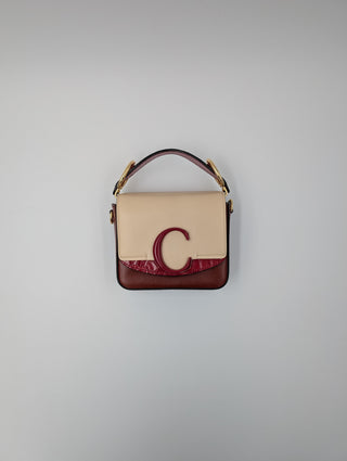 Burgundy And Beige Mini C Handbag With Croco Embossed Hand Strap