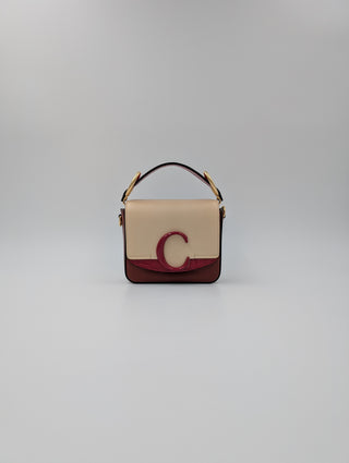 Burgundy And Beige Mini C Handbag With Croco Embossed Hand Strap