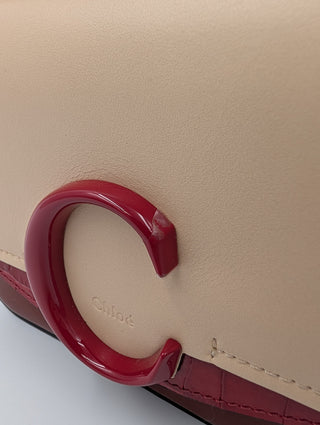 Burgundy And Beige Mini C Handbag With Croco Embossed Hand Strap