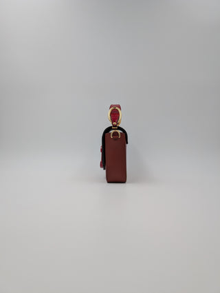 Burgundy And Beige Mini C Handbag With Croco Embossed Hand Strap