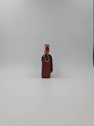 Burgundy And Beige Mini C Handbag With Croco Embossed Hand Strap