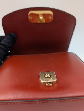 Burgundy And Beige Mini C Handbag With Croco Embossed Hand Strap