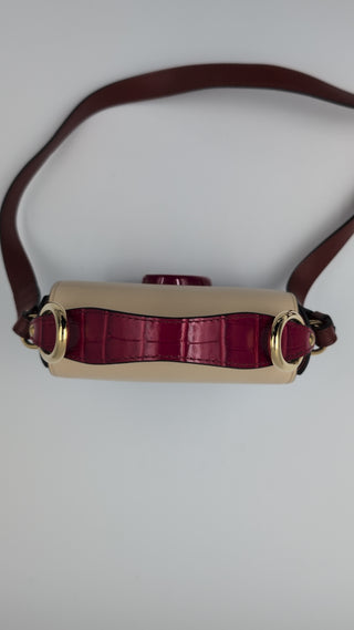 Burgundy And Beige Mini C Handbag With Croco Embossed Hand Strap