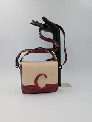 Burgundy And Beige Mini C Handbag With Croco Embossed Hand Strap