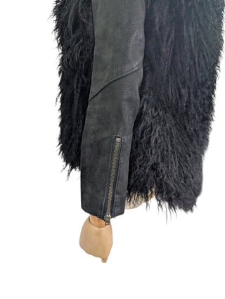 Black Leather And Long Sheep Hair Jacket