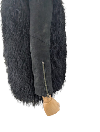 Black Leather And Long Sheep Hair Jacket