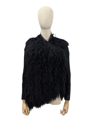 Black Leather And Long Sheep Hair Jacket