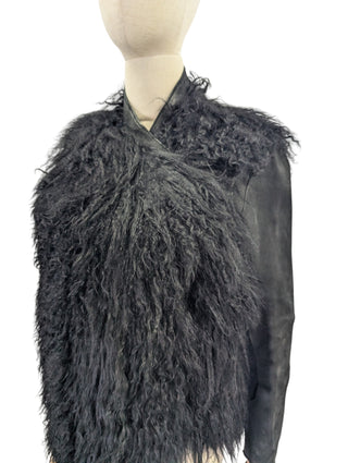 Black Leather And Long Sheep Hair Jacket