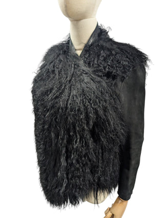 Black Leather And Long Sheep Hair Jacket