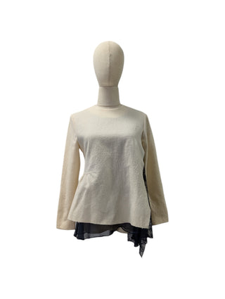 Beige Wool Top With Navy Sheer Lace Layering