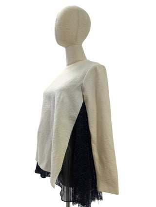 Beige Wool Top With Navy Sheer Lace Layering
