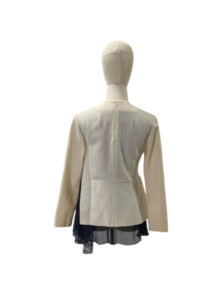 Beige Wool Top With Navy Sheer Lace Layering