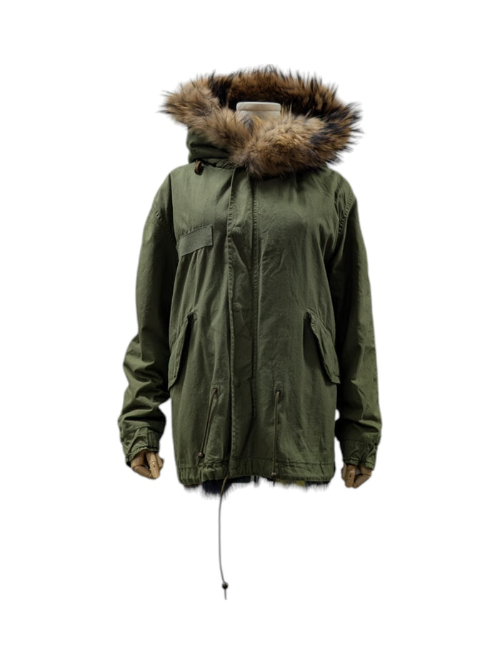 Green Hooded Parka With Multicolor Full Fur Lining