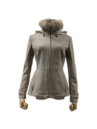 Light Brown Zip Up Wool Jacket With Leather Elbow Padded