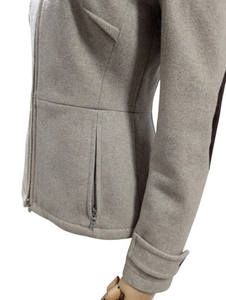 Light Brown Zip Up Wool Jacket With Leather Elbow Padded