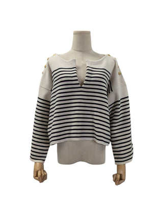 V-Neck Striped Knitted Top With Logo Buttons On Shoulders